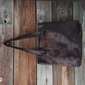 Unique Frye Distressed Dark Brown Leather Tote Bag.